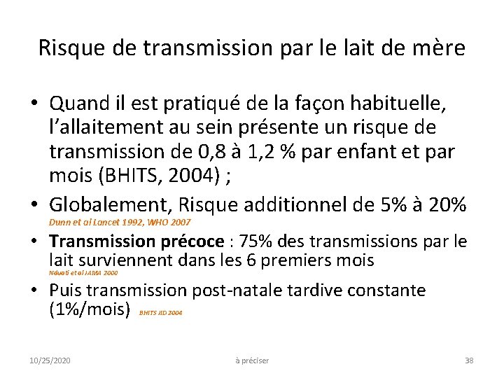 Risque de transmission par le lait de mère • Quand il est pratiqué de Risque de transmission par le lait de mère • Quand il est pratiqué de