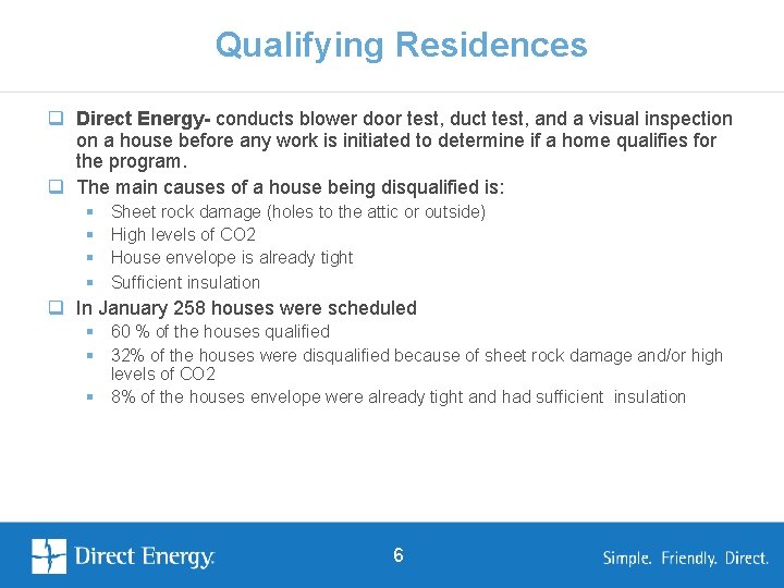 Qualifying Residences q Direct Energy- conducts blower door test, duct test, and a visual Qualifying Residences q Direct Energy- conducts blower door test, duct test, and a visual