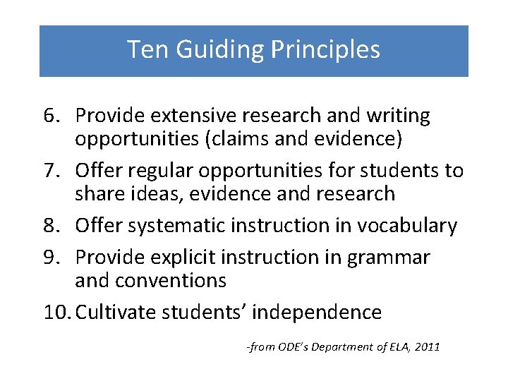 Ten Guiding Principles 6. Provide extensive research and writing opportunities (claims and evidence) 7.