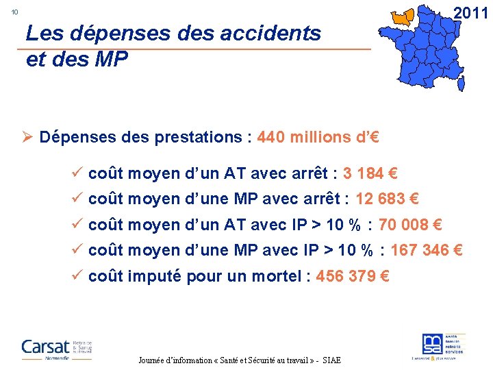 10 Les dépenses des accidents et des MP 2011 Ø Dépenses des prestations :