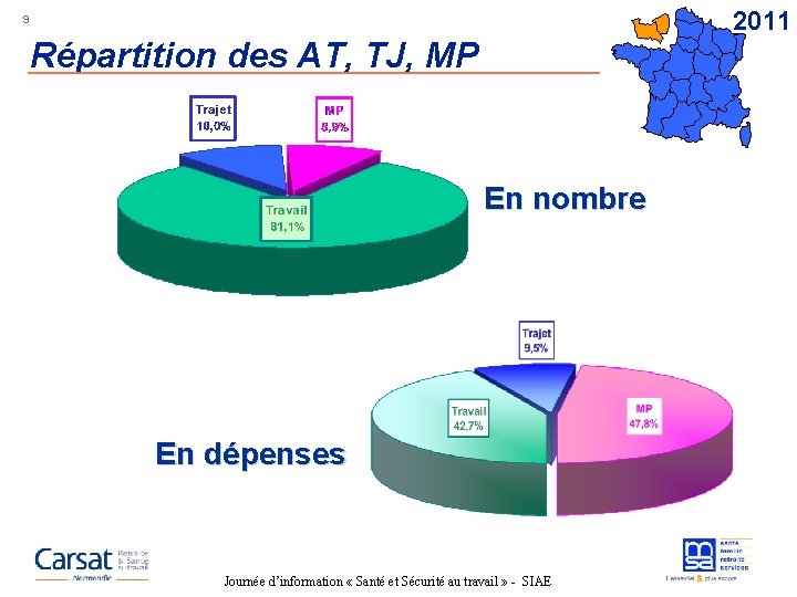 2011 9 Répartition des AT, TJ, MP En nombre En dépenses Journée d’information «