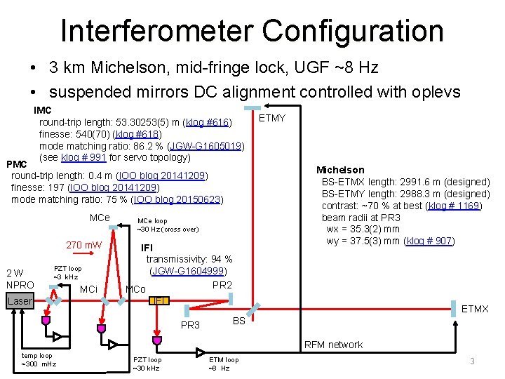 Interferometer Configuration • 3 km Michelson, mid-fringe lock, UGF ~8 Hz • suspended mirrors