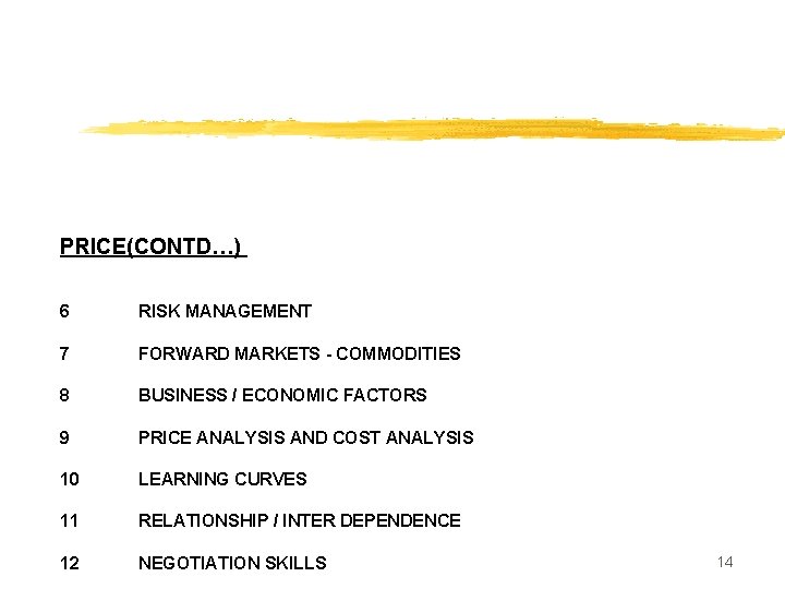 PRICE(CONTD…) 6 RISK MANAGEMENT 7 FORWARD MARKETS - COMMODITIES 8 BUSINESS / ECONOMIC FACTORS