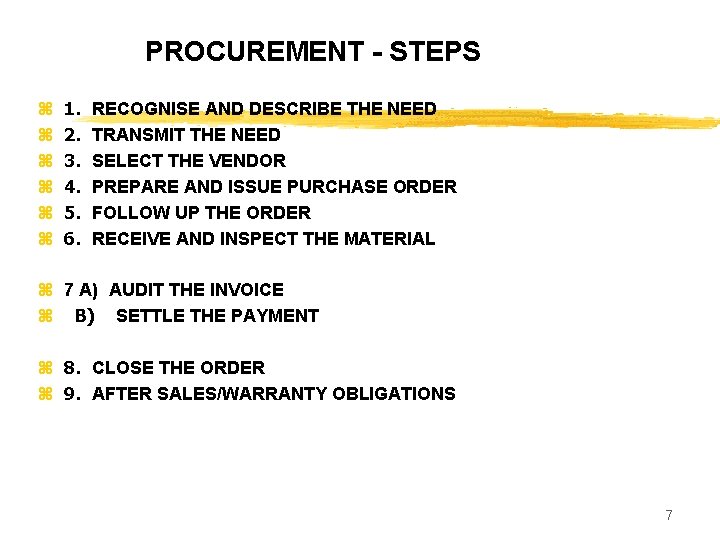 PROCUREMENT - STEPS z z z 1. 2. 3. 4. 5. 6. RECOGNISE AND