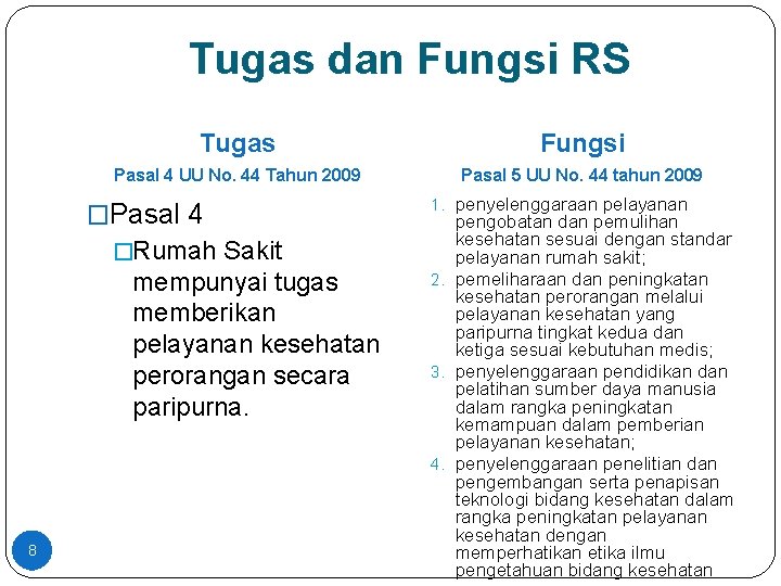 Tugas dan Fungsi RS Tugas Fungsi Pasal 4 UU No. 44 Tahun 2009 Pasal