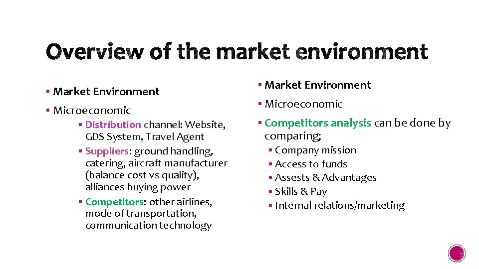 § Market Environment § Microeconomic § Distribution channel: Website, GDS System, Travel Agent §