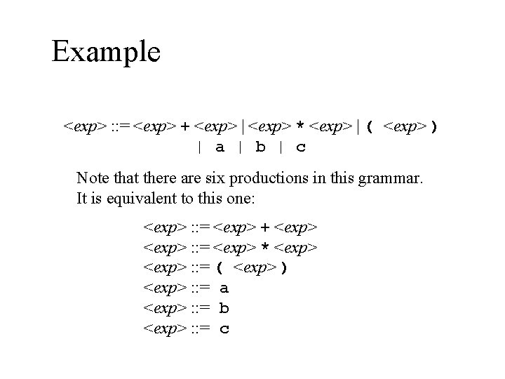 Example <exp> : : = <exp> + <exp> | <exp> * <exp> | (