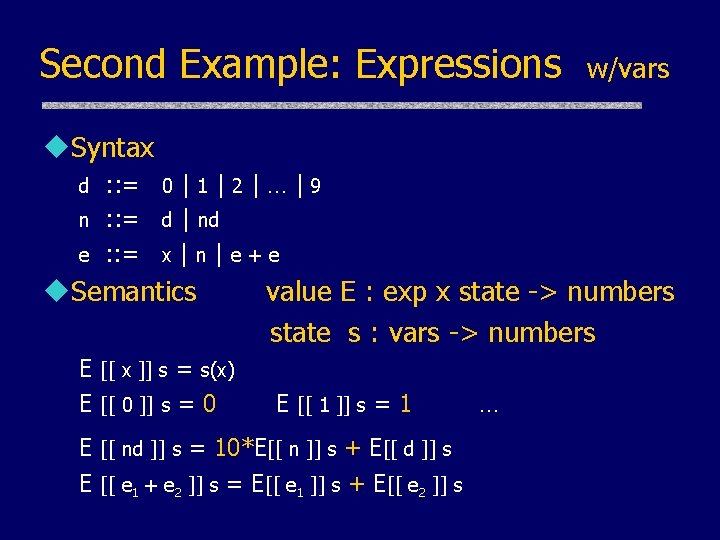 Second Example: Expressions w/vars u. Syntax : : = 0 | 1 | 2 Second Example: Expressions w/vars u. Syntax : : = 0 | 1 | 2