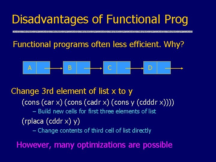 Disadvantages of Functional Prog Functional programs often less efficient. Why? A B C D Disadvantages of Functional Prog Functional programs often less efficient. Why? A B C D