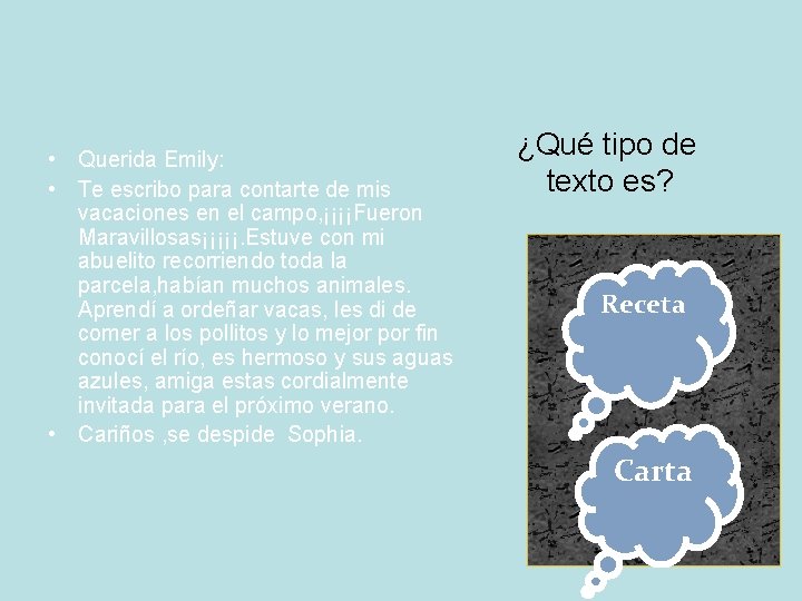  • Querida Emily: • Te escribo para contarte de mis vacaciones en el