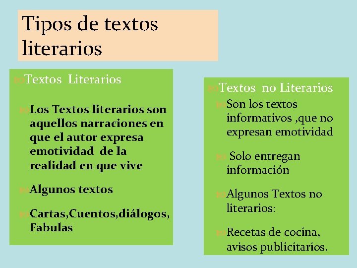 Tipos de textos literarios Textos Literarios Los Textos literarios son aquellos narraciones en que