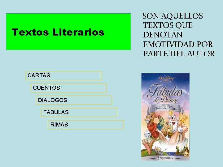 Textos Literarios CARTAS CUENTOS DIALOGOS FABULAS RIMAS SON AQUELLOS TEXTOS QUE DENOTAN EMOTIVIDAD POR