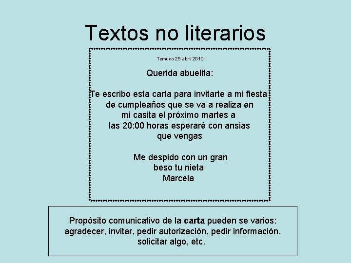 Textos no literarios Temuco 25 abril 2010 Querida abuelita: Te escribo esta carta para