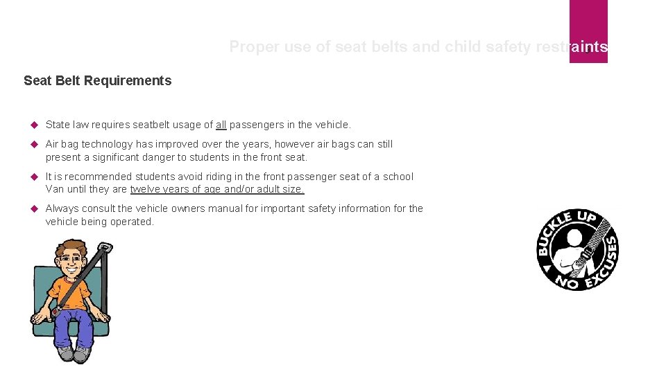 Proper use of seat belts and child safety restraints 9 Seat Belt Requirements State