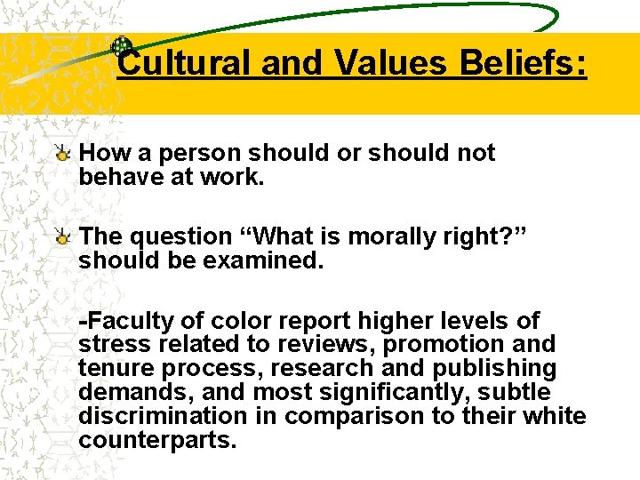 Cultural and Values Beliefs: How a person should or should not behave at work.