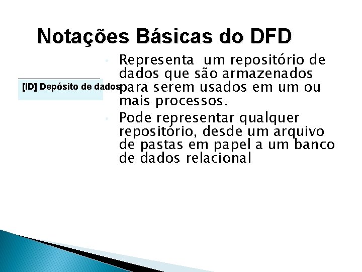 Notações Básicas do DFD Representa um repositório de dados que são armazenados [ID] Depósito