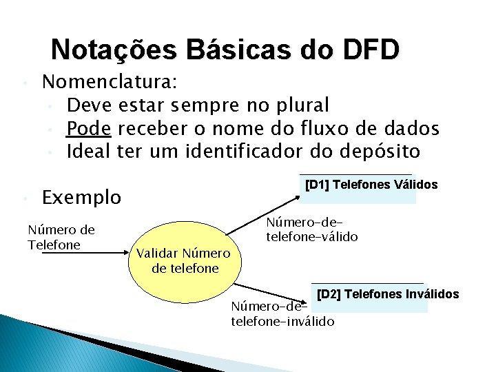 Notações Básicas do DFD • • Nomenclatura: • Deve estar sempre no plural • Notações Básicas do DFD • • Nomenclatura: • Deve estar sempre no plural •