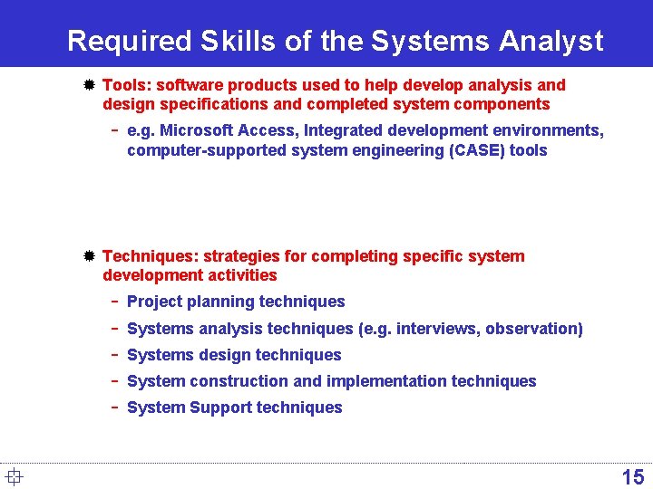 Required Skills of the Systems Analyst ® Tools: software products used to help develop Required Skills of the Systems Analyst ® Tools: software products used to help develop