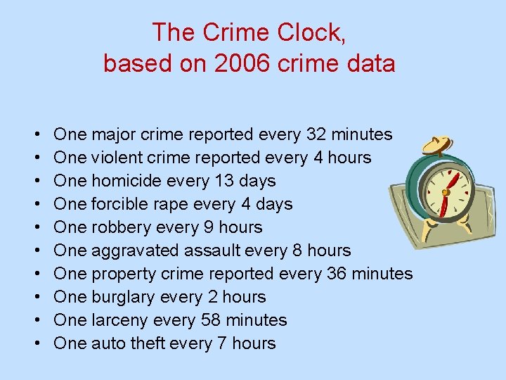 The Crime Clock, based on 2006 crime data • • • One major crime