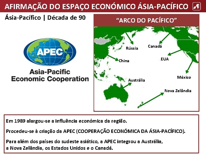 AFIRMAÇÃO DO ESPAÇO ECONÓMICO ÁSIA-PACÍFICO Ásia-Pacífico | Década de 90 “ARCO DO PACÍFICO” Rússia