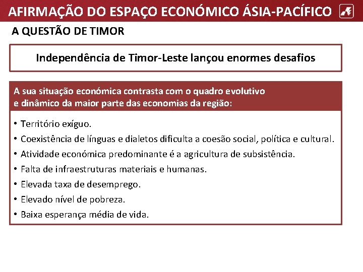 AFIRMAÇÃO DO ESPAÇO ECONÓMICO ÁSIA-PACÍFICO A QUESTÃO DE TIMOR Independência de Timor-Leste lançou enormes