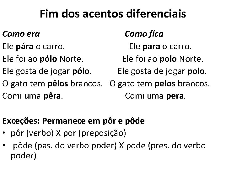 Fim dos acentos diferenciais Como era Como fica Ele pára o carro. Ele para