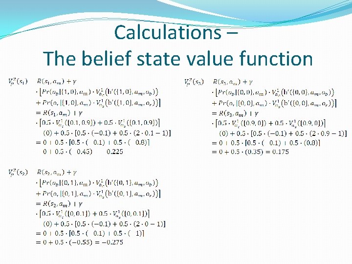 Calculations – The belief state value function 