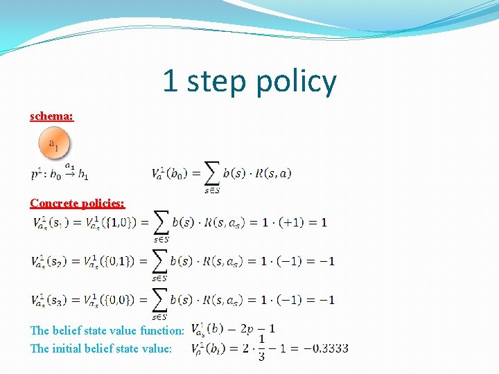 1 step policy schema: Concrete policies: The belief state value function: The initial belief