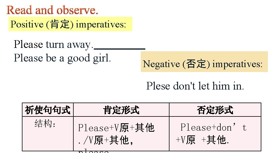Positive (肯定) imperatives: Please turn away. Please be a good girl. Negative (否定) imperatives: