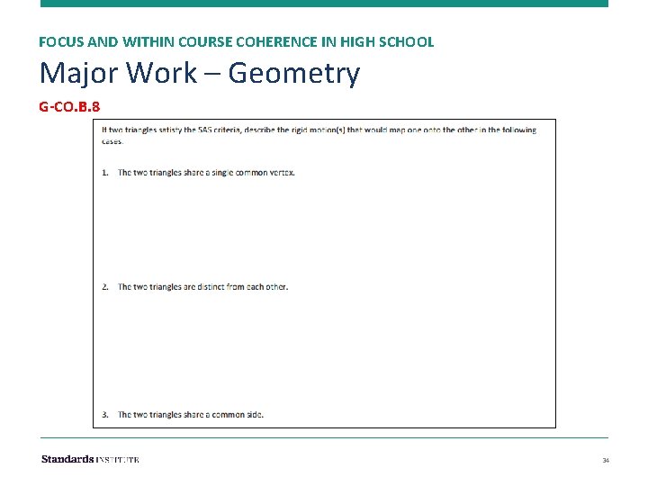 FOCUS AND WITHIN COURSE COHERENCE IN HIGH SCHOOL Major Work – Geometry G-CO. B.