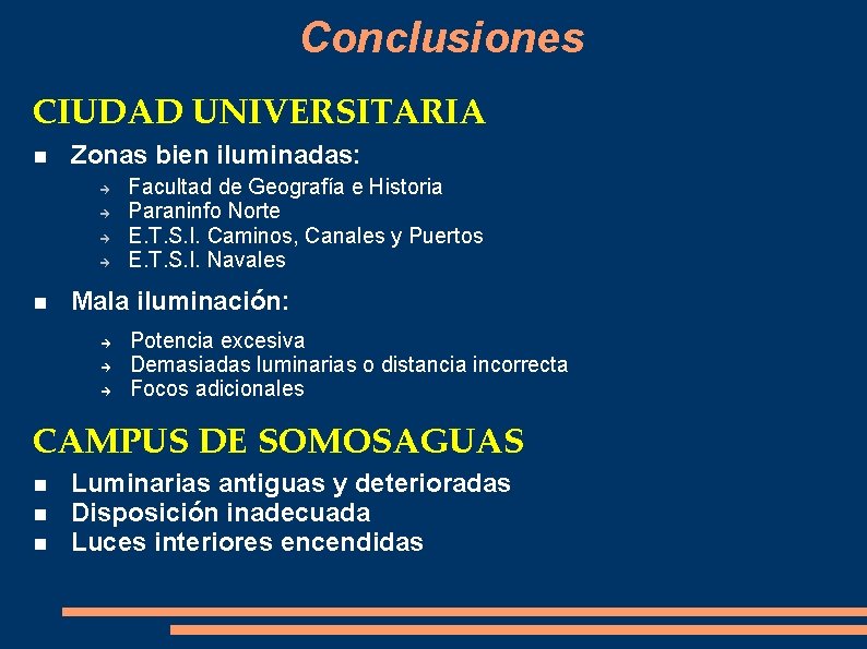 Conclusiones CIUDAD UNIVERSITARIA Zonas bien iluminadas: Facultad de Geografía e Historia Paraninfo Norte E.