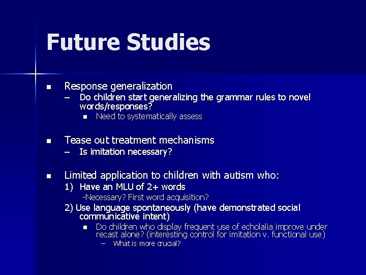 Future Studies n Response generalization – Do children start generalizing the grammar rules to Future Studies n Response generalization – Do children start generalizing the grammar rules to