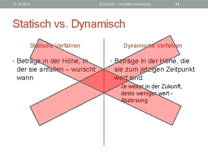 10. 2014 Kutschera - Investitionsrechnung 11 Statisch vs. Dynamisch Statische Verfahren • Beträge in