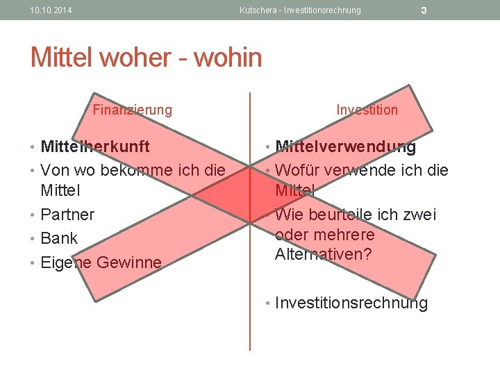 10. 2014 Kutschera - Investitionsrechnung 3 Mittel woher - wohin Finanzierung Investition • Mittelherkunft