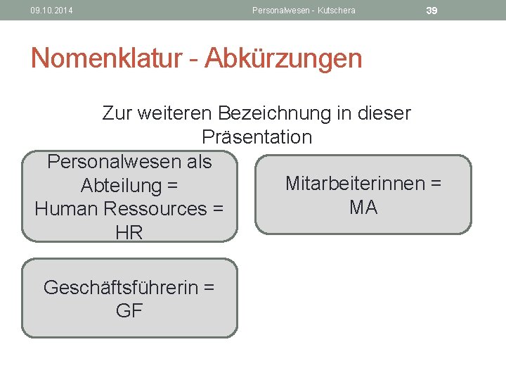 09. 10. 2014 Personalwesen - Kutschera 39 Nomenklatur - Abkürzungen Zur weiteren Bezeichnung in