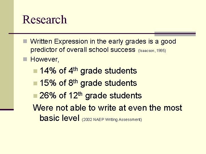 Research n Written Expression in the early grades is a good predictor of overall