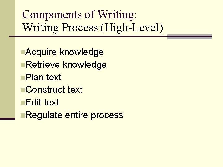 Components of Writing: Writing Process (High-Level) n. Acquire knowledge n. Retrieve knowledge n. Plan
