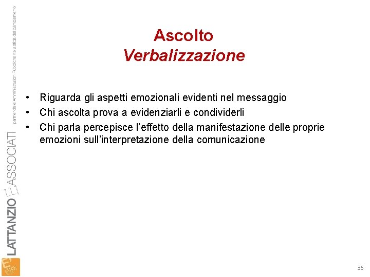 Ascolto Verbalizzazione • Riguarda gli aspetti emozionali evidenti nel messaggio • Chi ascolta prova