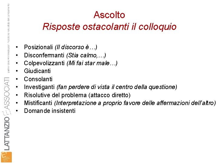 Ascolto Risposte ostacolanti il colloquio • • • Posizionali (Il discorso è…) Disconfermanti (Stia