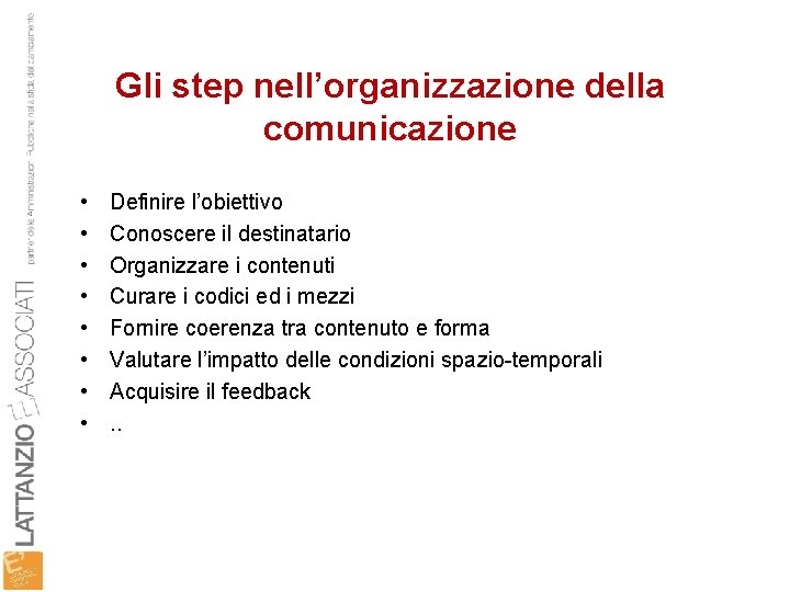 Gli step nell’organizzazione della comunicazione • • Definire l’obiettivo Conoscere il destinatario Organizzare i