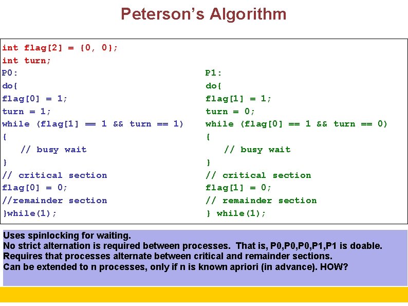 Peterson’s Algorithm int flag[2] = {0, 0}; int turn; P 0: do{ flag[0] =