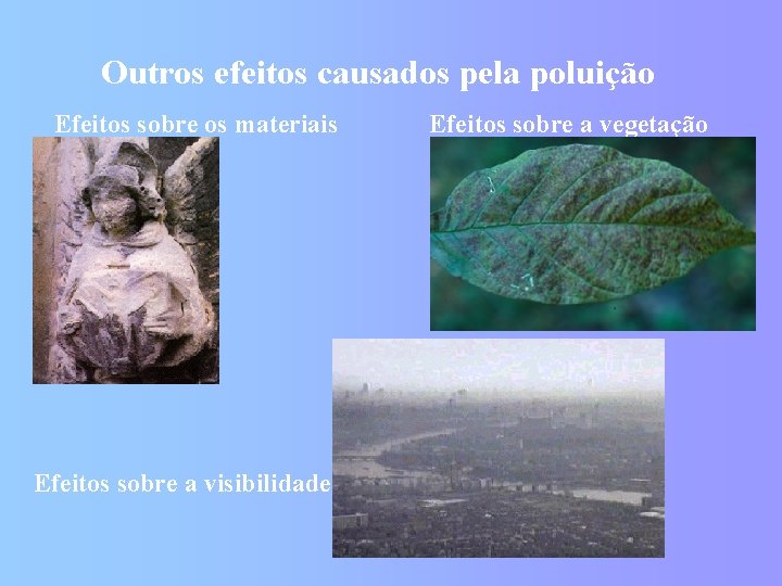 Outros efeitos causados pela poluição Efeitos sobre os materiais Efeitos sobre a vegetação Efeitos