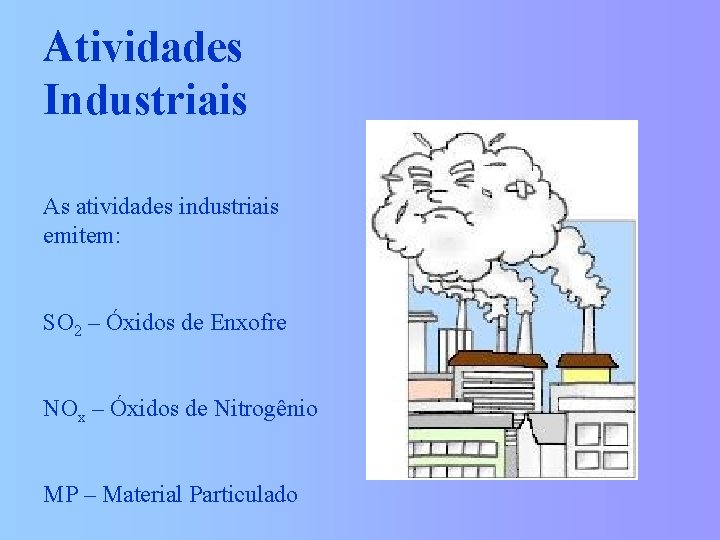 Atividades Industriais As atividades industriais emitem: SO 2 – Óxidos de Enxofre NOx –