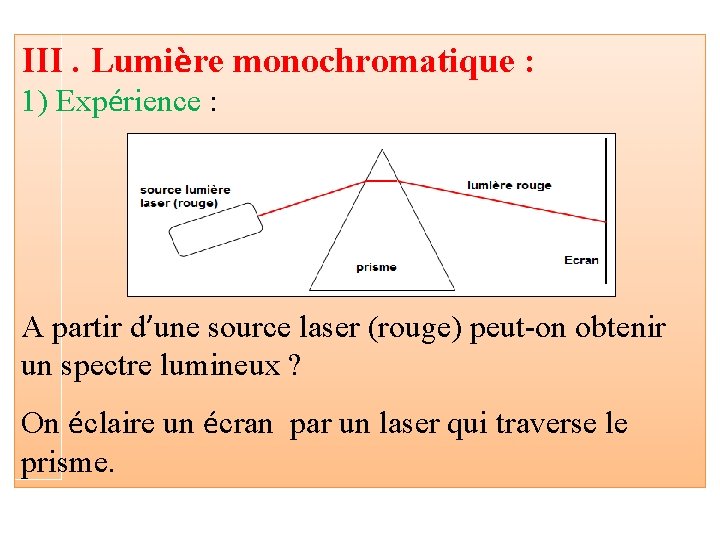 III. Lumière monochromatique : 1) Expérience : A partir d’une source laser (rouge) peut-on
