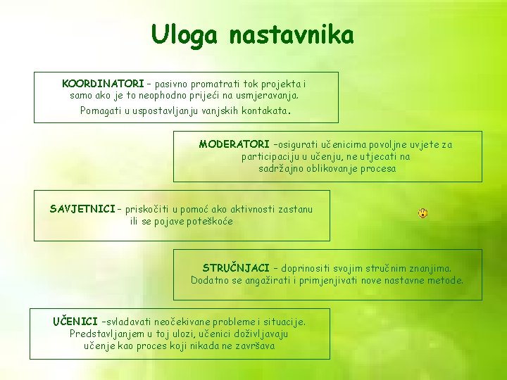 Uloga nastavnika KOORDINATORI – pasivno promatrati tok projekta i samo ako je to neophodno