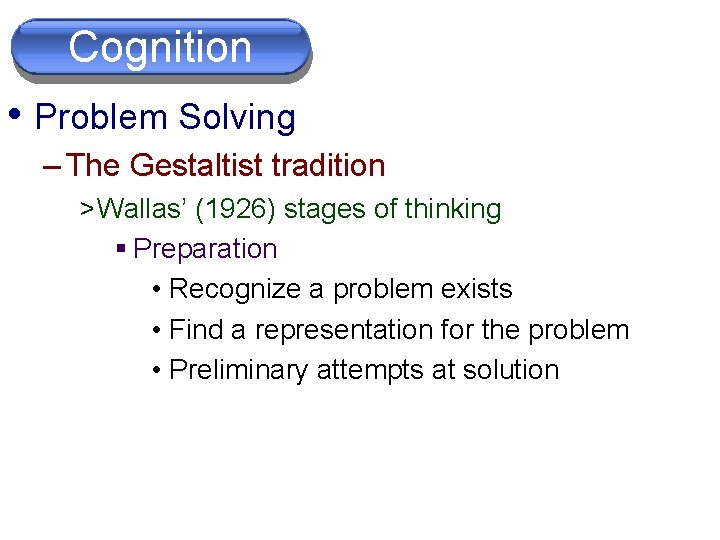 Problem Cognition Solving • Problem Solving – The Gestaltist tradition > Wallas’ (1926) stages