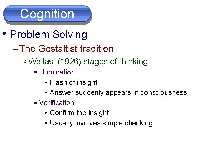 Problem Cognition Solving • Problem Solving – The Gestaltist tradition > Wallas’ (1926) stages