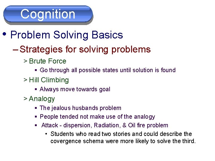 Problem Cognition Solving • Problem Solving Basics – Strategies for solving problems > Brute