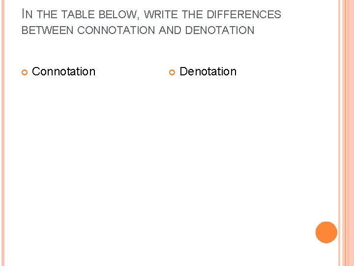 IN THE TABLE BELOW, WRITE THE DIFFERENCES BETWEEN CONNOTATION AND DENOTATION Connotation Denotation 