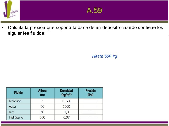 A. 59 • Calcula la presión que soporta la base de un depósito cuando